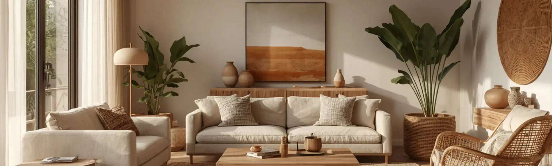 Φωτεινό boho καθιστικό με καναπέ από λινό ύφασμα, πολυθρόνα από ρατάν, μεγάλα φυτά εσωτερικού χώρου και φυσικά υλικά σε γήινες αποχρώσεις.