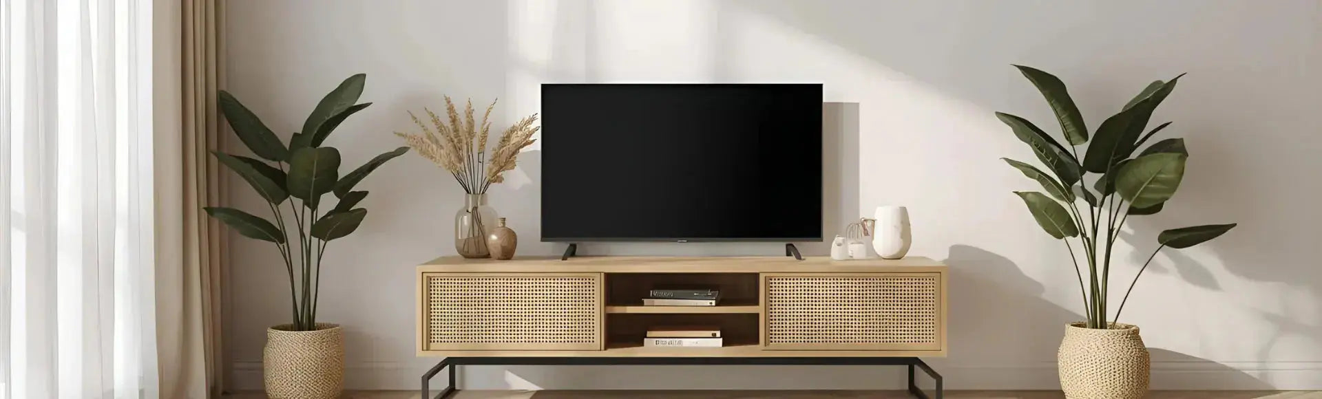 A boho minimal living room with a natural wood TV console featuring rattan doors. The console holds a flat-screen TV and decorative vases, framed by tall green plants on each side, with soft daylight streaming through linen curtains.
