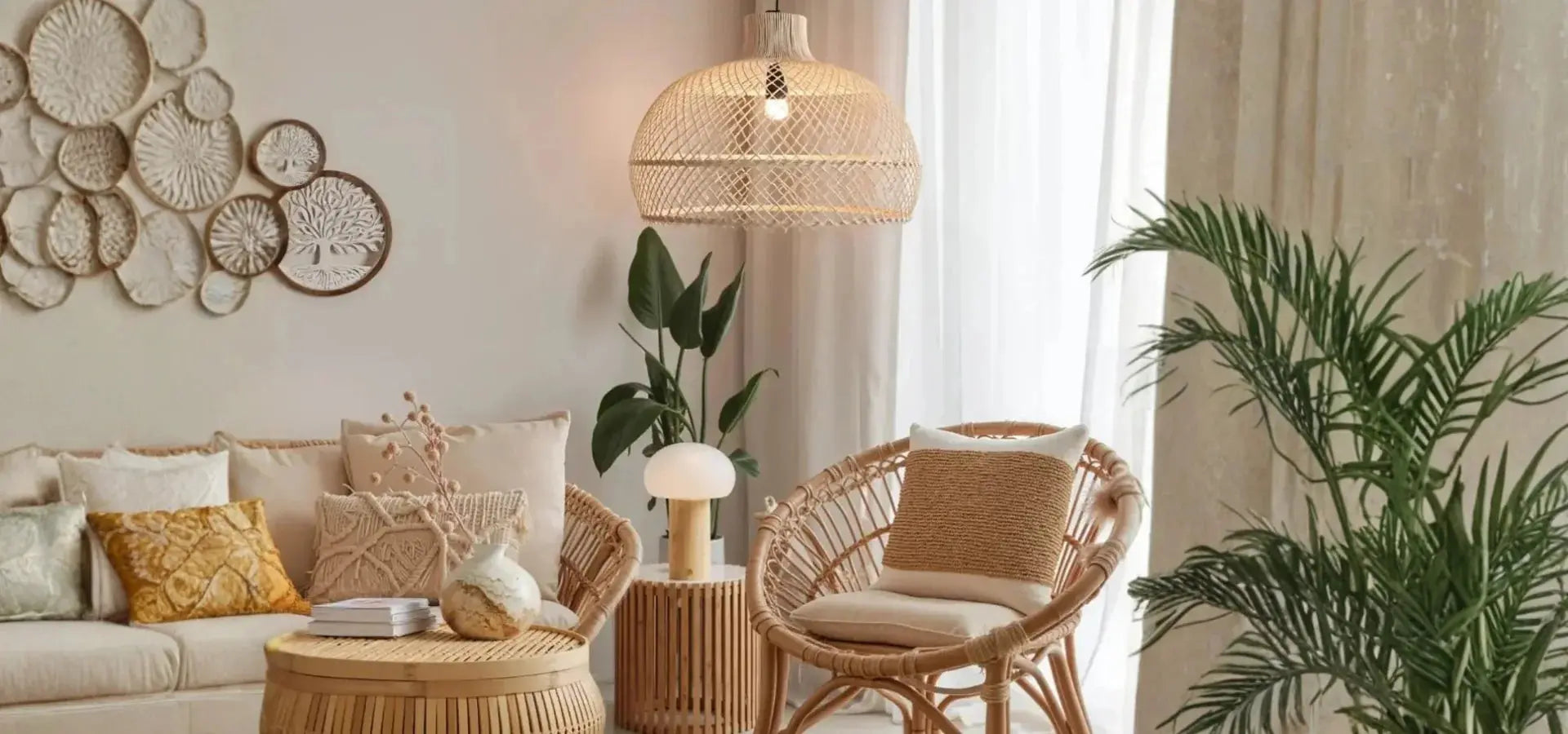 Boho καθιστικό με φωτιστικό από φυσικά υλικά, πολυθρόνα ρατάν και φυτά εσωτερικού χώρου.