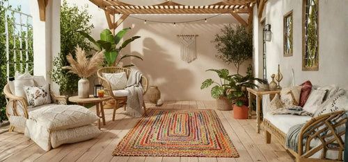 Boho καθιστικό εξωτερικού χώρου με πολύχρωμο χαλί, έπιπλα από φυσικά υλικά και φυτά σε γλάστρες σε ζεστή ατμόσφαιρα.