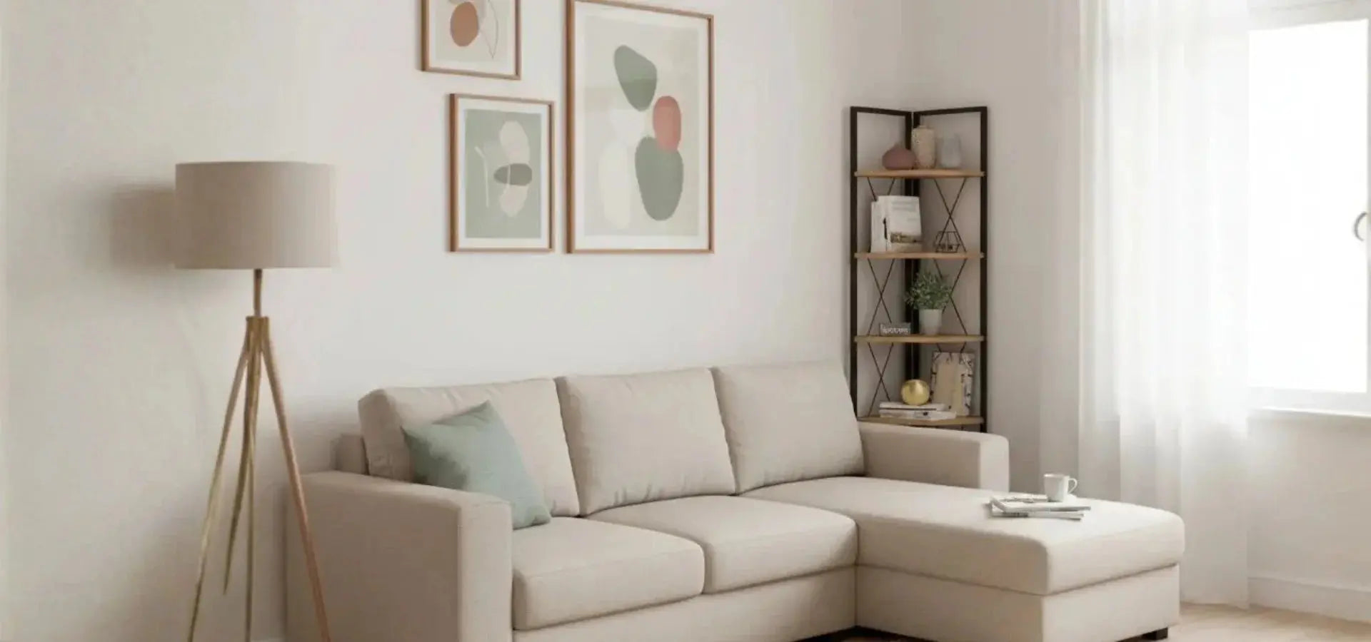 Minimal σαλόνι με γωνιακό καναπέ, επιδαπέδιο φωτιστικό και διακοσμητικά κάδρα σε φωτεινό εσωτερικό χώρο.
