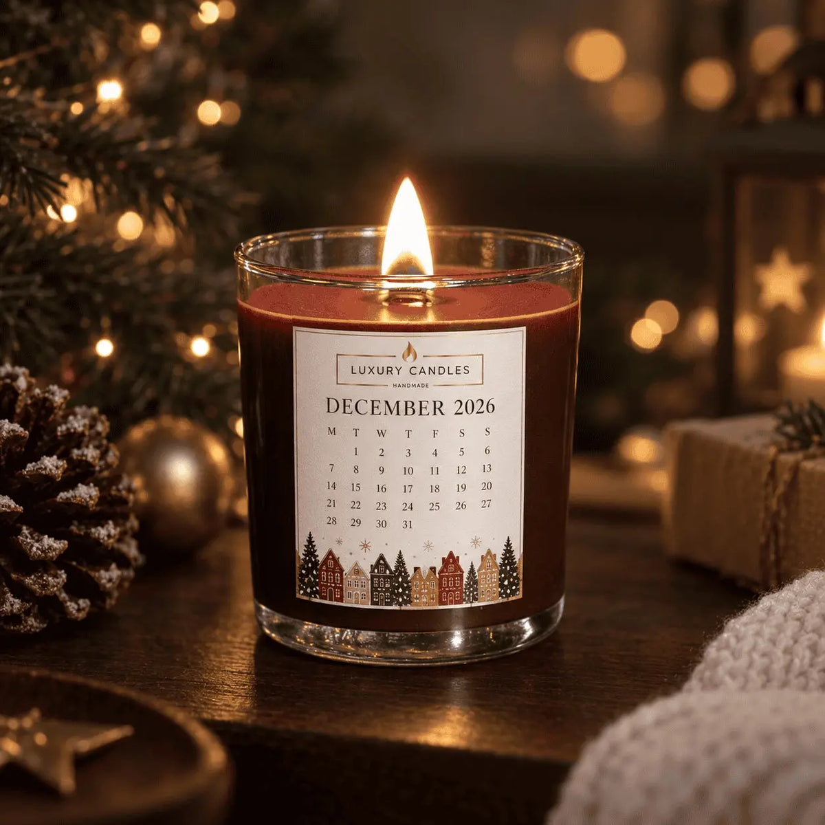   Αρωματικό κερί Christmas Countdown με ξύλινο φυτίλι δίπλα σε χριστουγεννιάτικο δέντρο