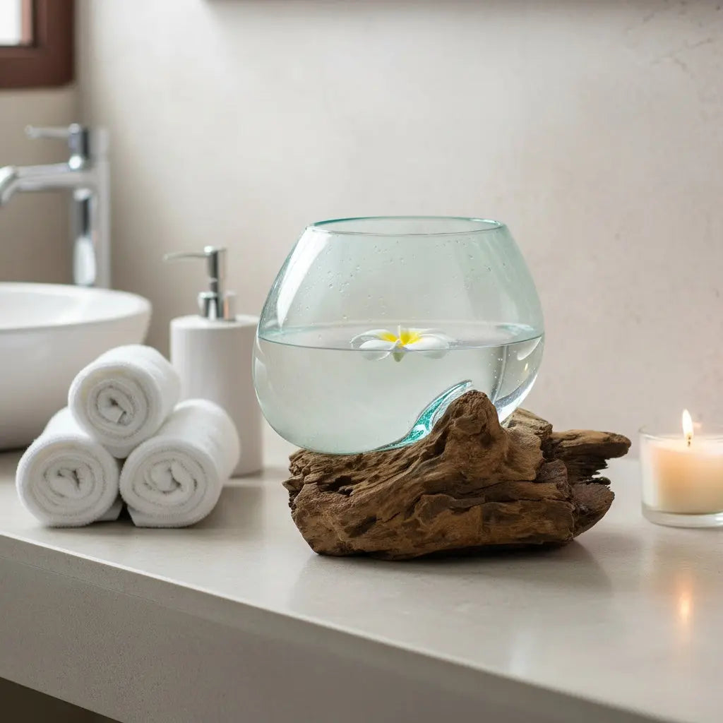 Γυάλινο Διακοσμητικό Μπολ | Χειροποίητο Με Ξύλινη Βάση Phos & Gaia