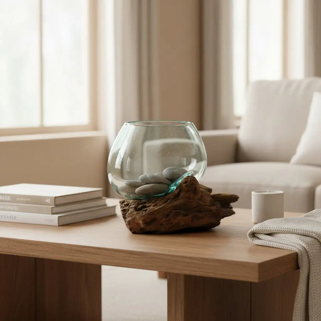 Γυάλινο Διακοσμητικό Μπολ | Χειροποίητο Με Ξύλινη Βάση Phos & Gaia