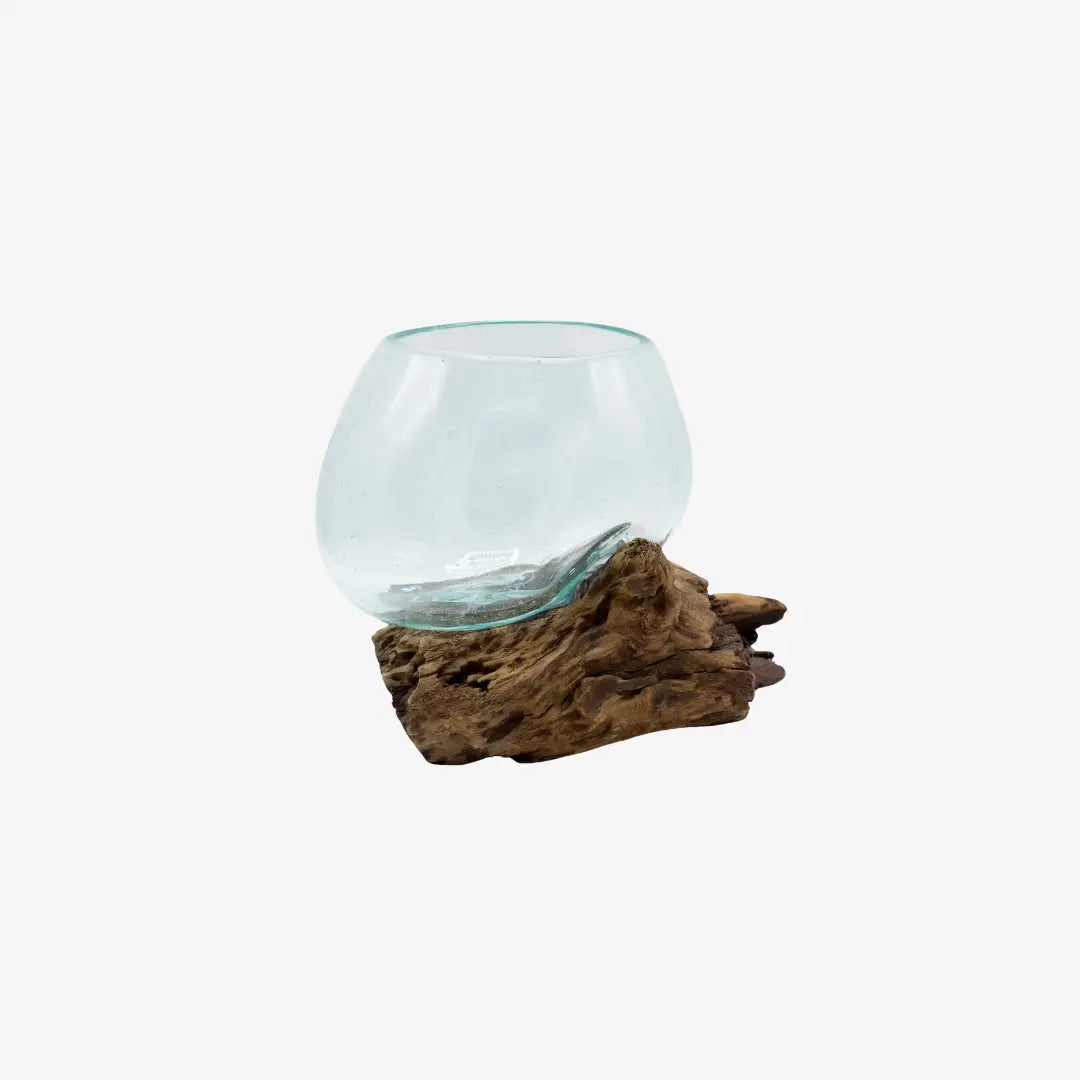 Γυάλινο Διακοσμητικό Μπολ | Χειροποίητο Με Ξύλινη Βάση Phos & Gaia