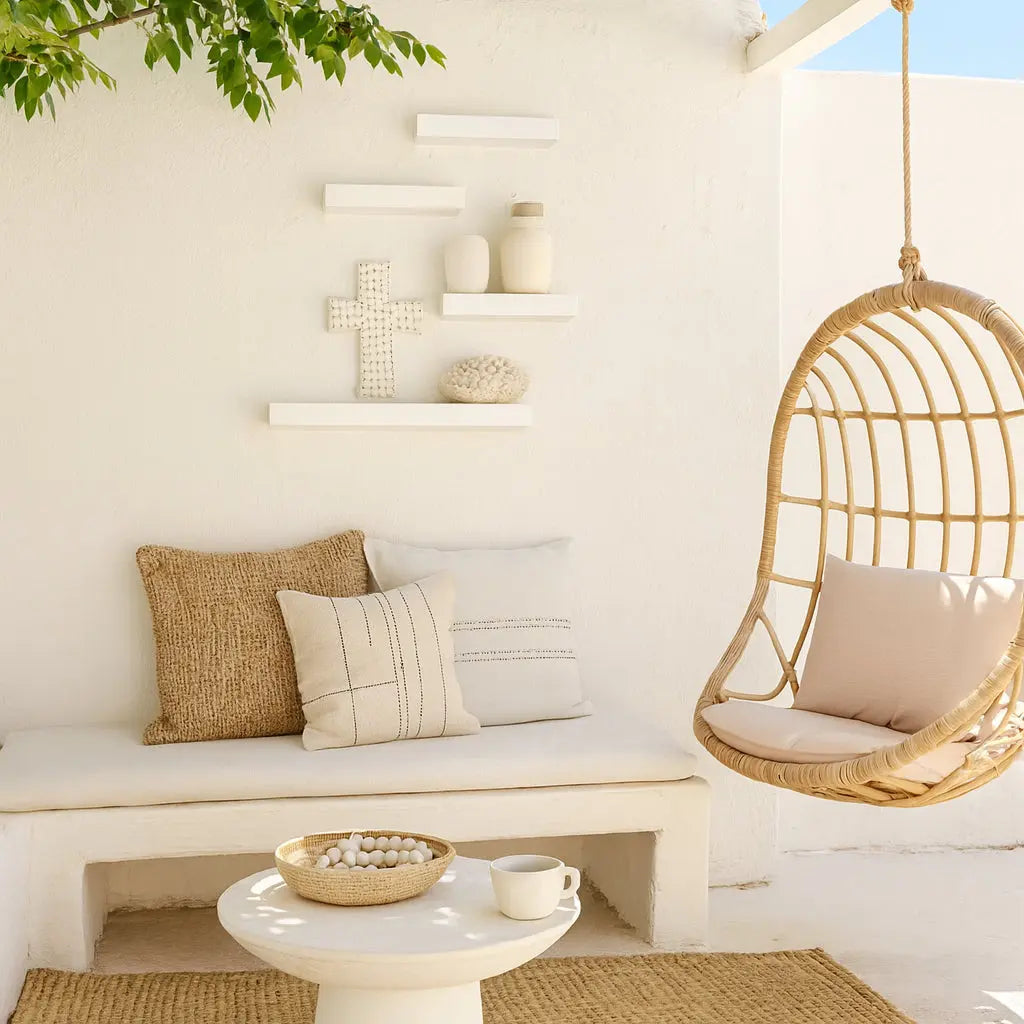 Σταυρός Kai σε εξωτερικό χώρο με rattan κρεμαστή πολυθρόνα - Phos & Gaia