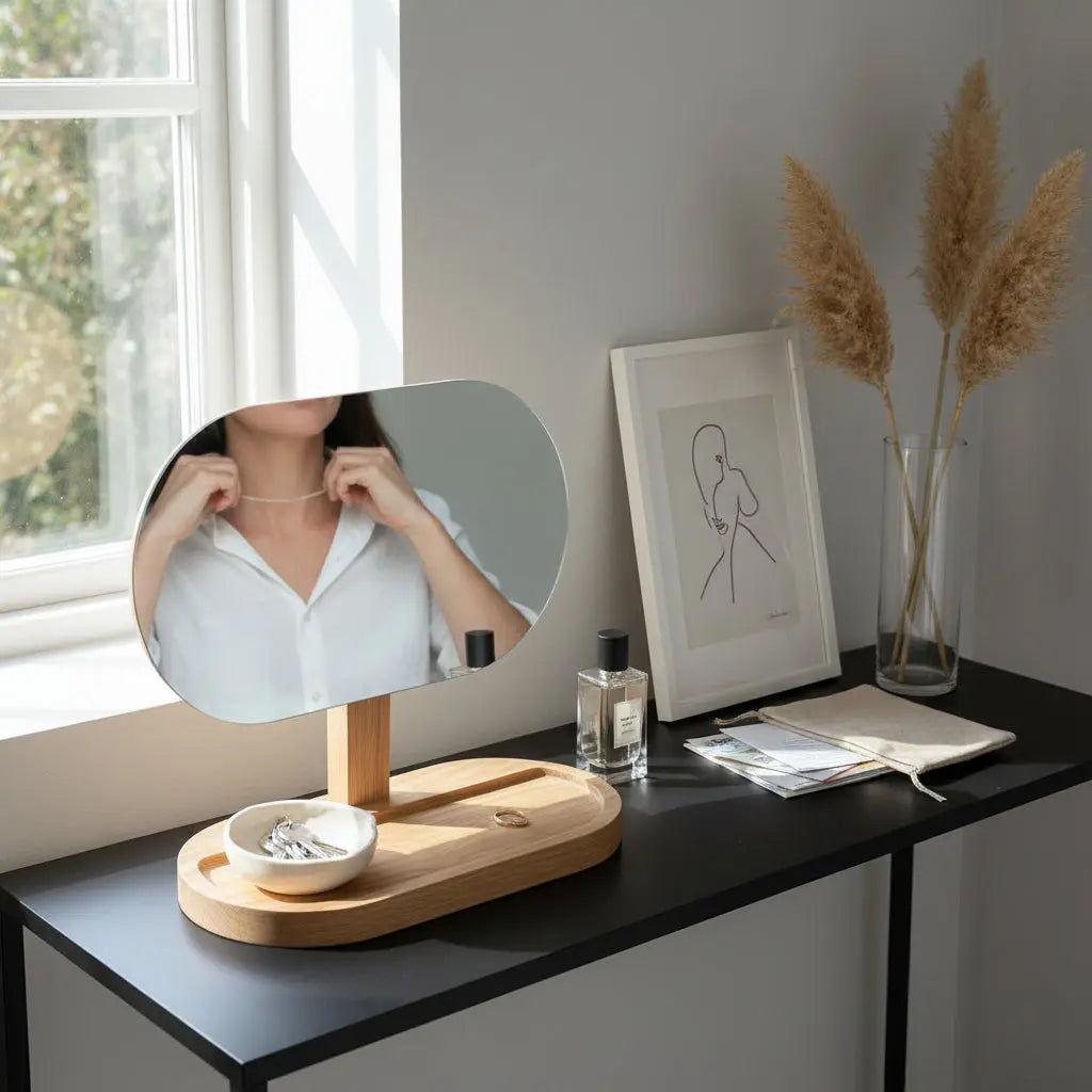 Επιτραπέζιος Καθρέφτης Wonders | Με Οβάλ Επιφάνεια & Ξύλινη Βάση Phos & Gaia