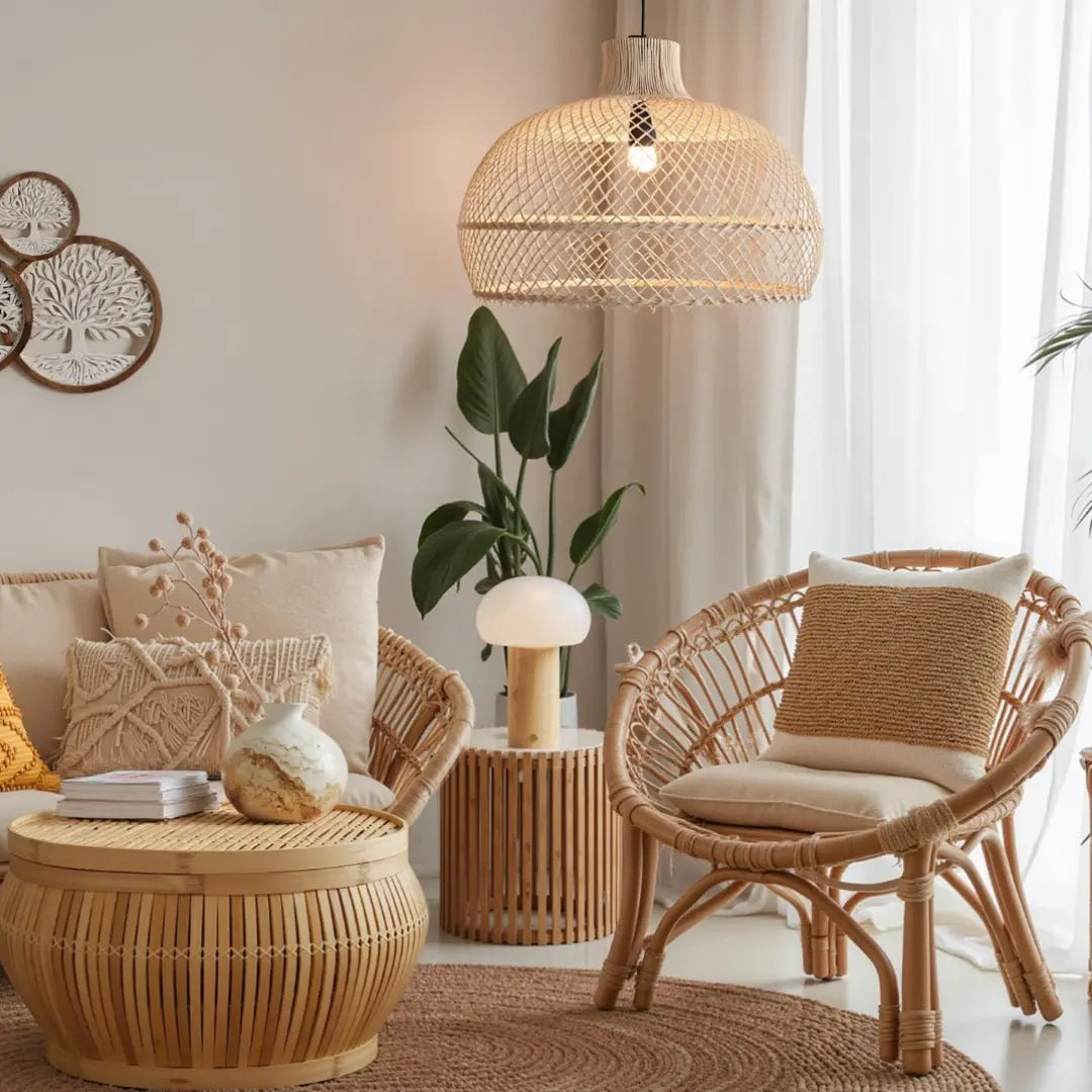 Το φωτιστικό οροφής Maze σε boho σαλόνι με ρατάν πολυθρόνα