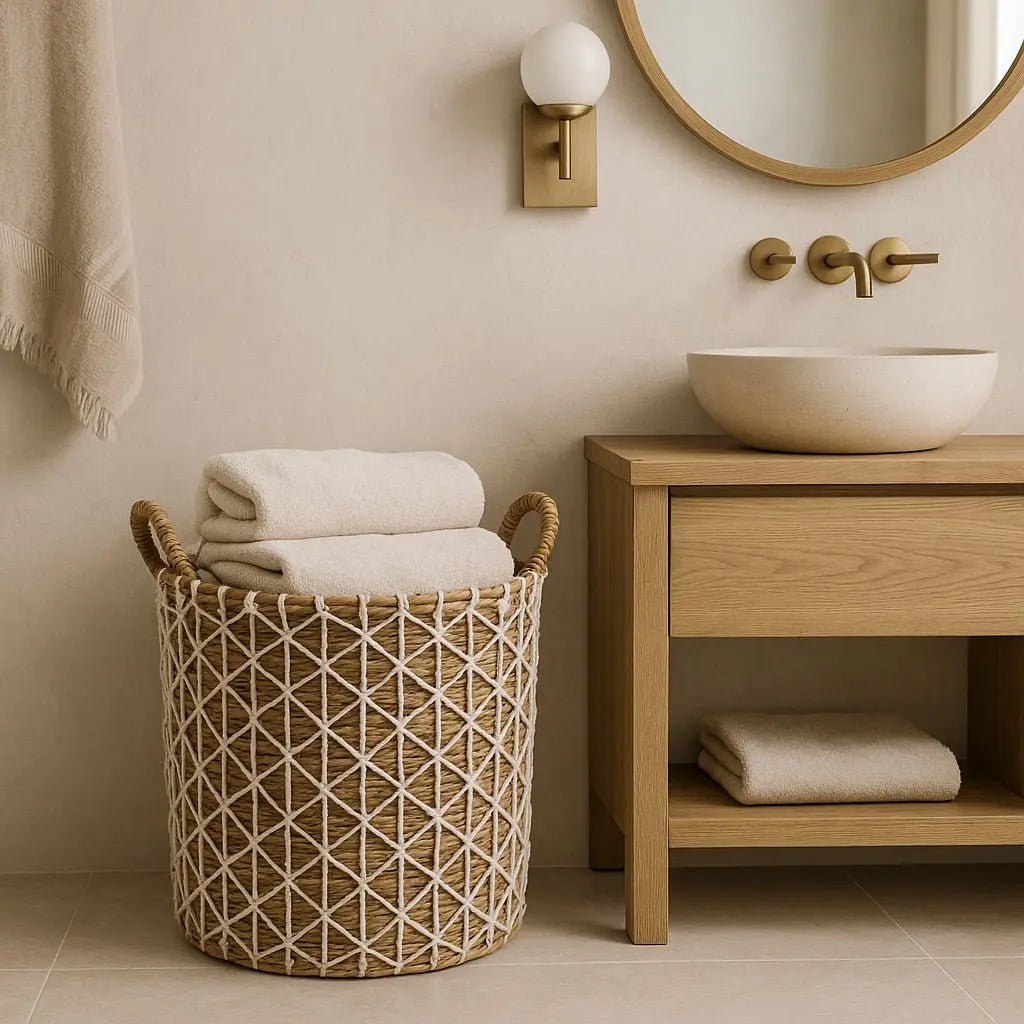 Το καλάθι Kerso με διπλωμένες πετσέτες σε boho μπάνιο