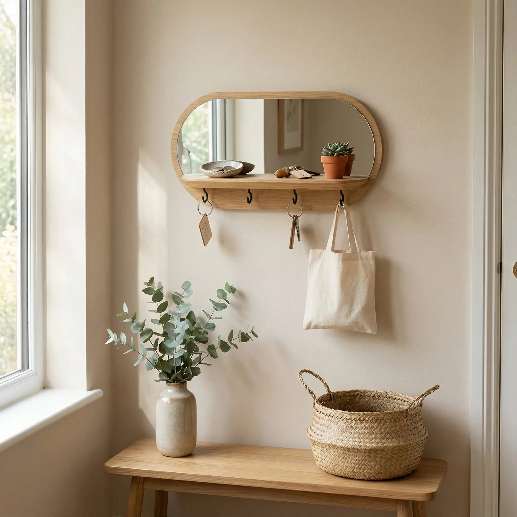 Καθρέφτης Τοίχου Mini-Moonlight | Με Ράφι & Μαύρους Γάντζους Phos & Gaia