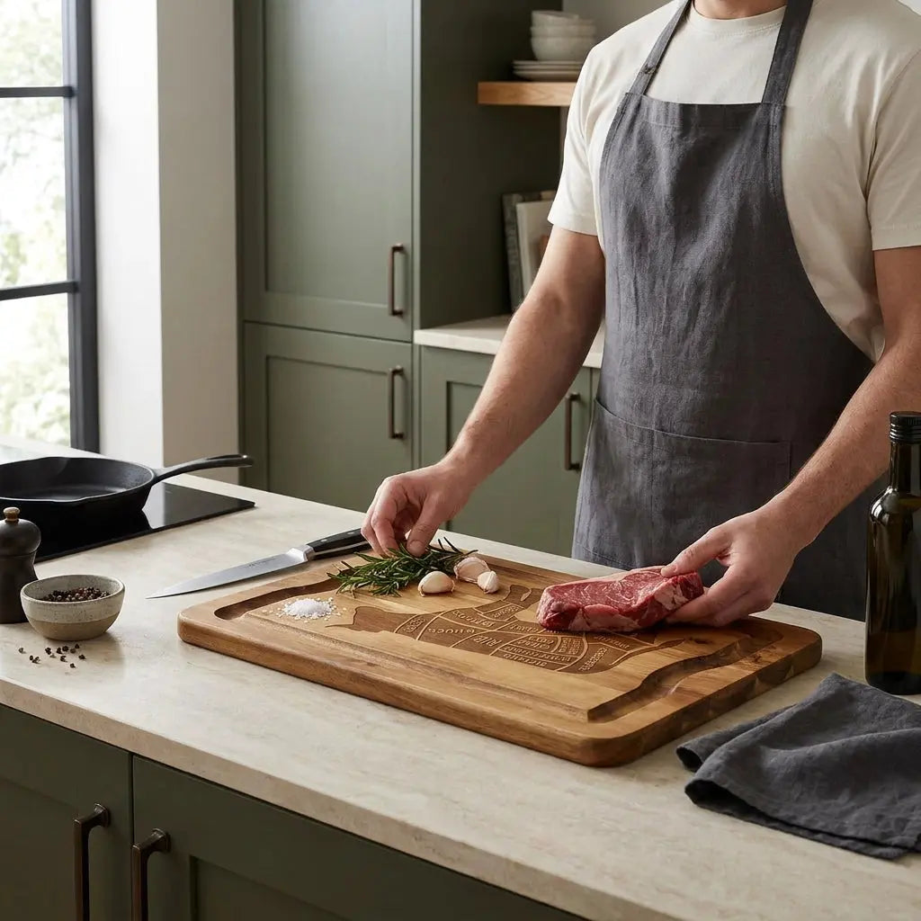 Ξύλο κοπής Copa με κρέας κατά την προετοιμασία σε πάγκο κουζίνας