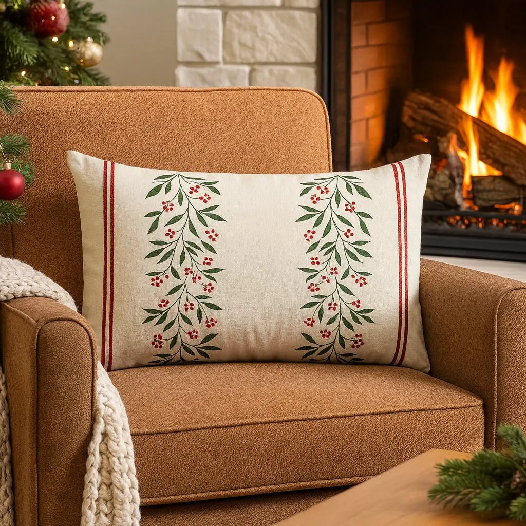 Λεπτομέρεια γιορτινών κλαδιών στη μαξιλαροθήκη Mistletoe - Phos & Gaia