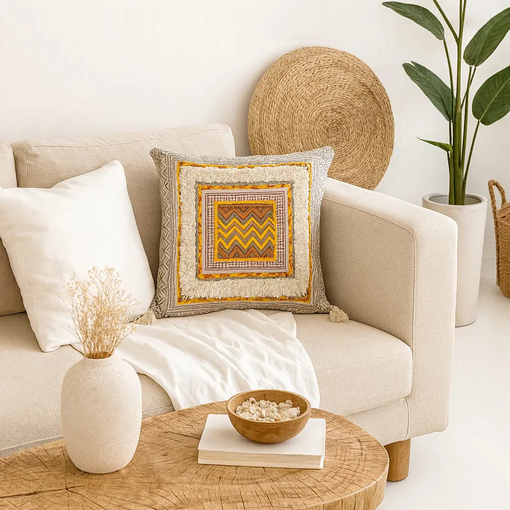 Μαξιλαροθήκη Anjali σε beige καναπέ με rattan τραπεζάκι και πιάτο - Phos & Gaia