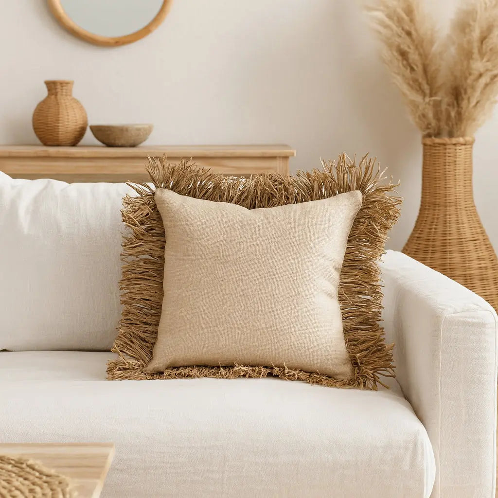 Μαξιλαροθήκη Bonita σε λευκό καναπέ με rattan διακόσμηση και pampas - Phos & Gaia