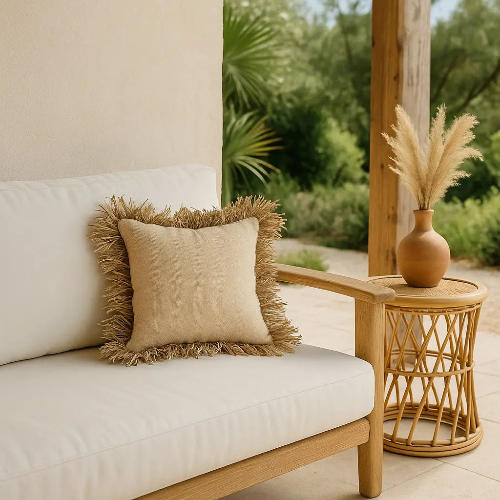 Μαξιλαροθήκη Bonita σε εξωτερικό καναπέ με pampas grass και rattan side table - Phos & Gaia
