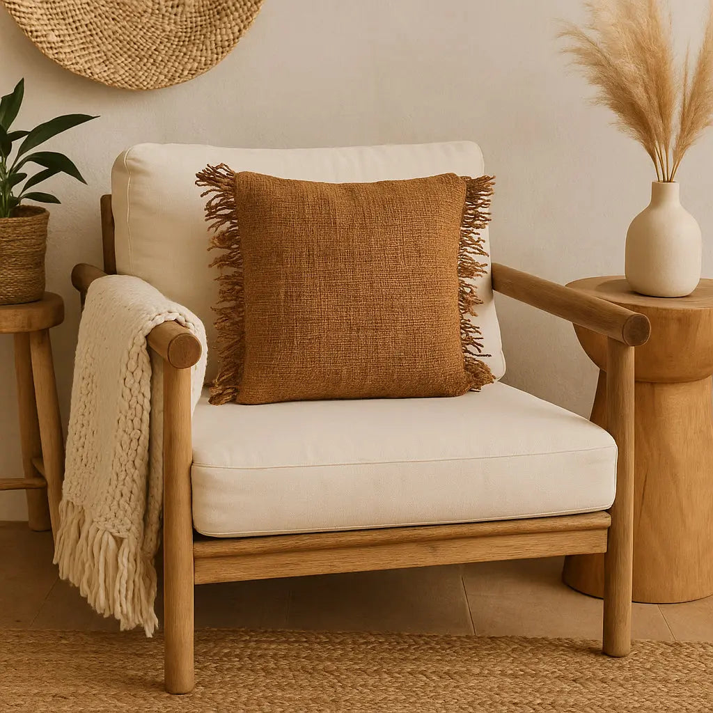 Μαξιλαροθήκη Oh My Gee σε ξύλινη πολυθρόνα με rattan διακόσμηση και pampas - Phos & Gaia