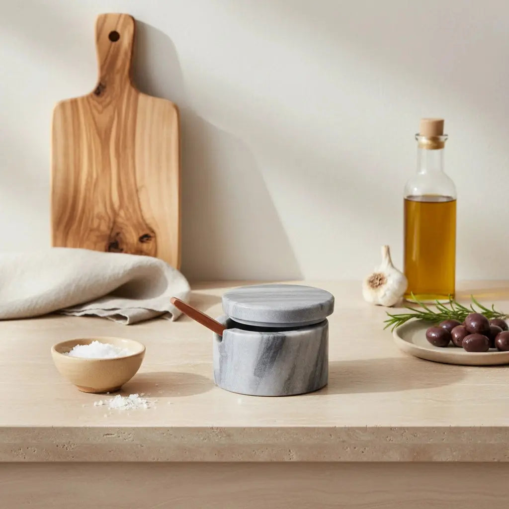 Μαρμάρινη Αλατιέρα | Με Καπάκι & Ξύλινο Κουταλάκι Phos & Gaia