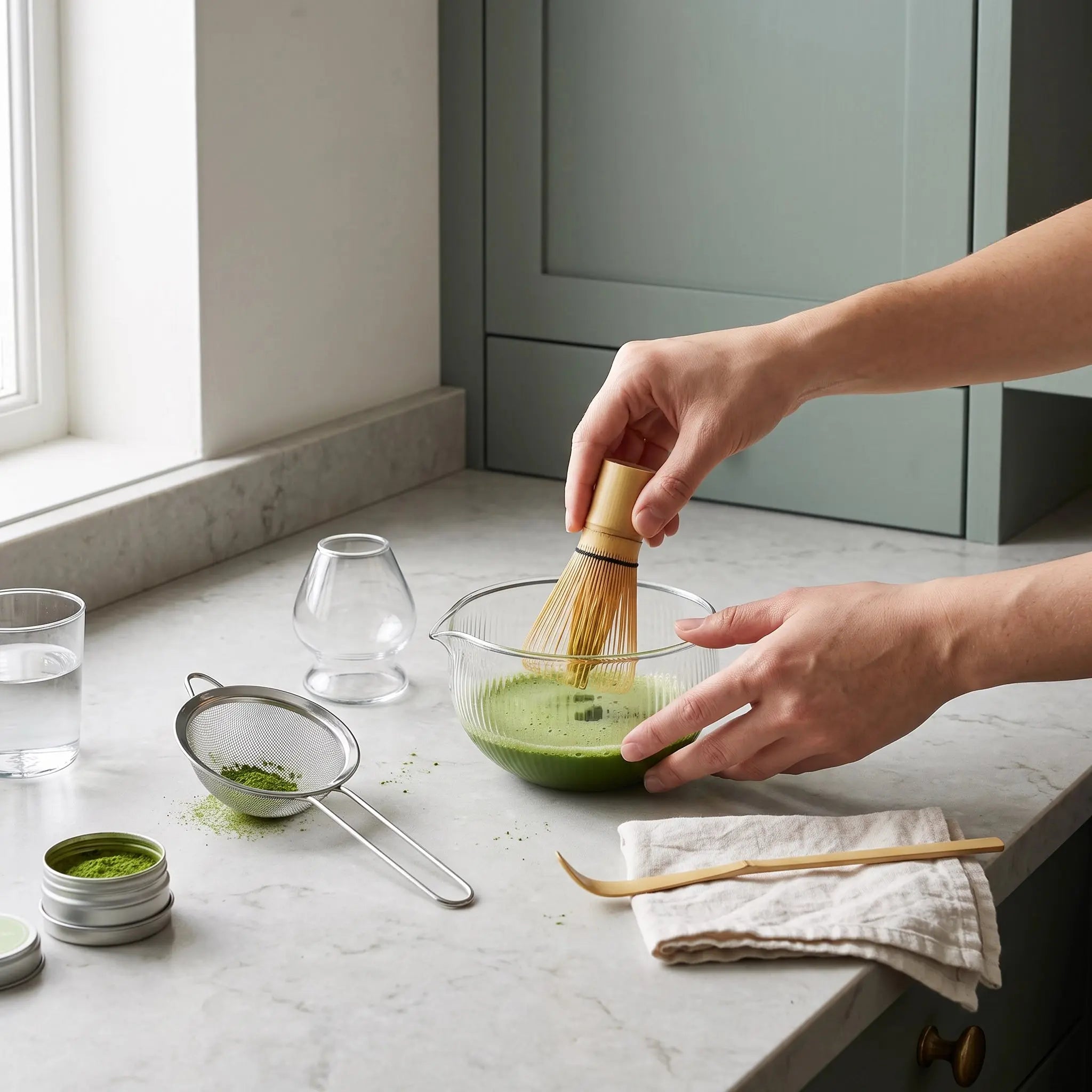 Παρασκευή matcha με το σετ από μπαμπού και γυαλί
