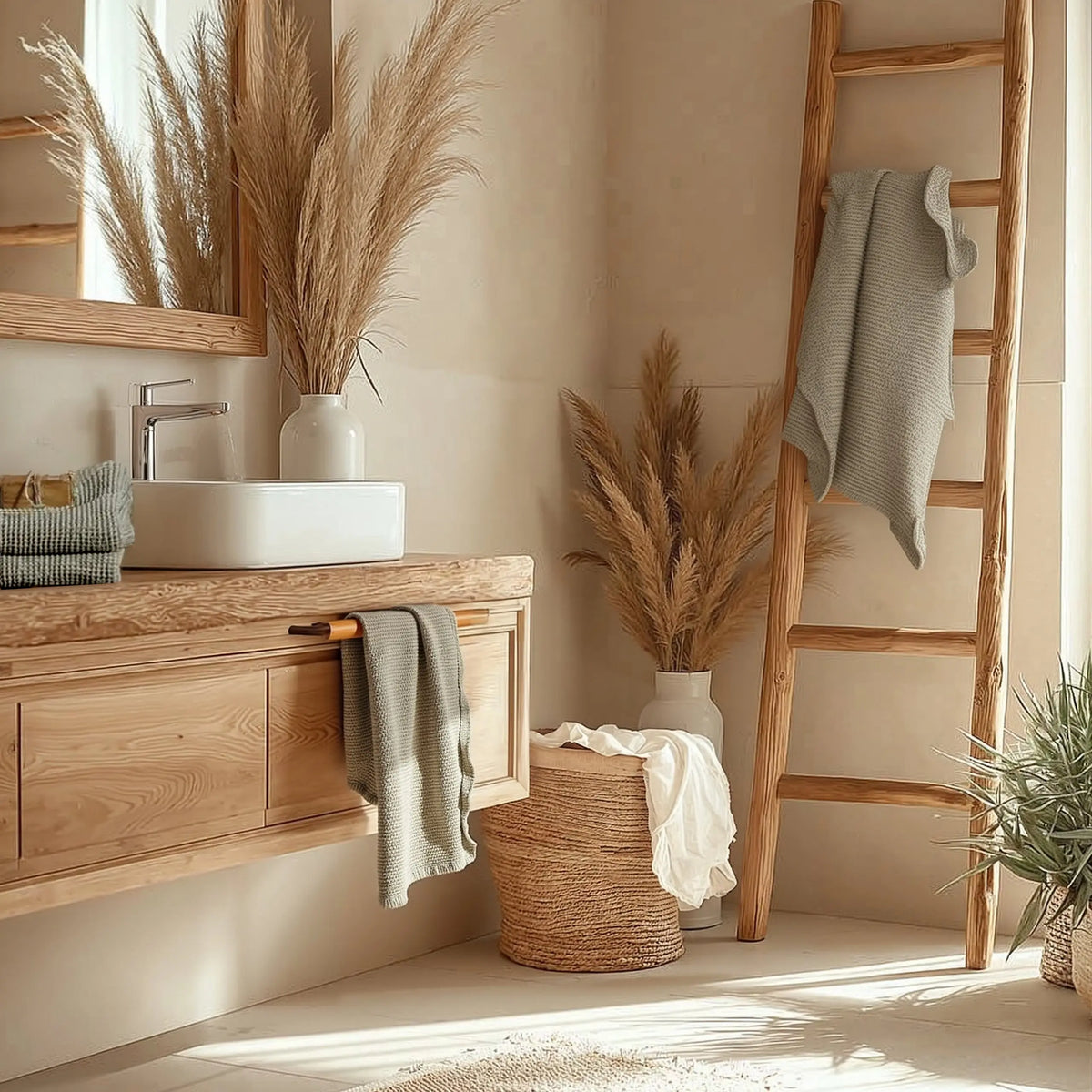 Η πετσέτα Waffled Linen σε ξύλινη σκάλα σε boho μπάνιο