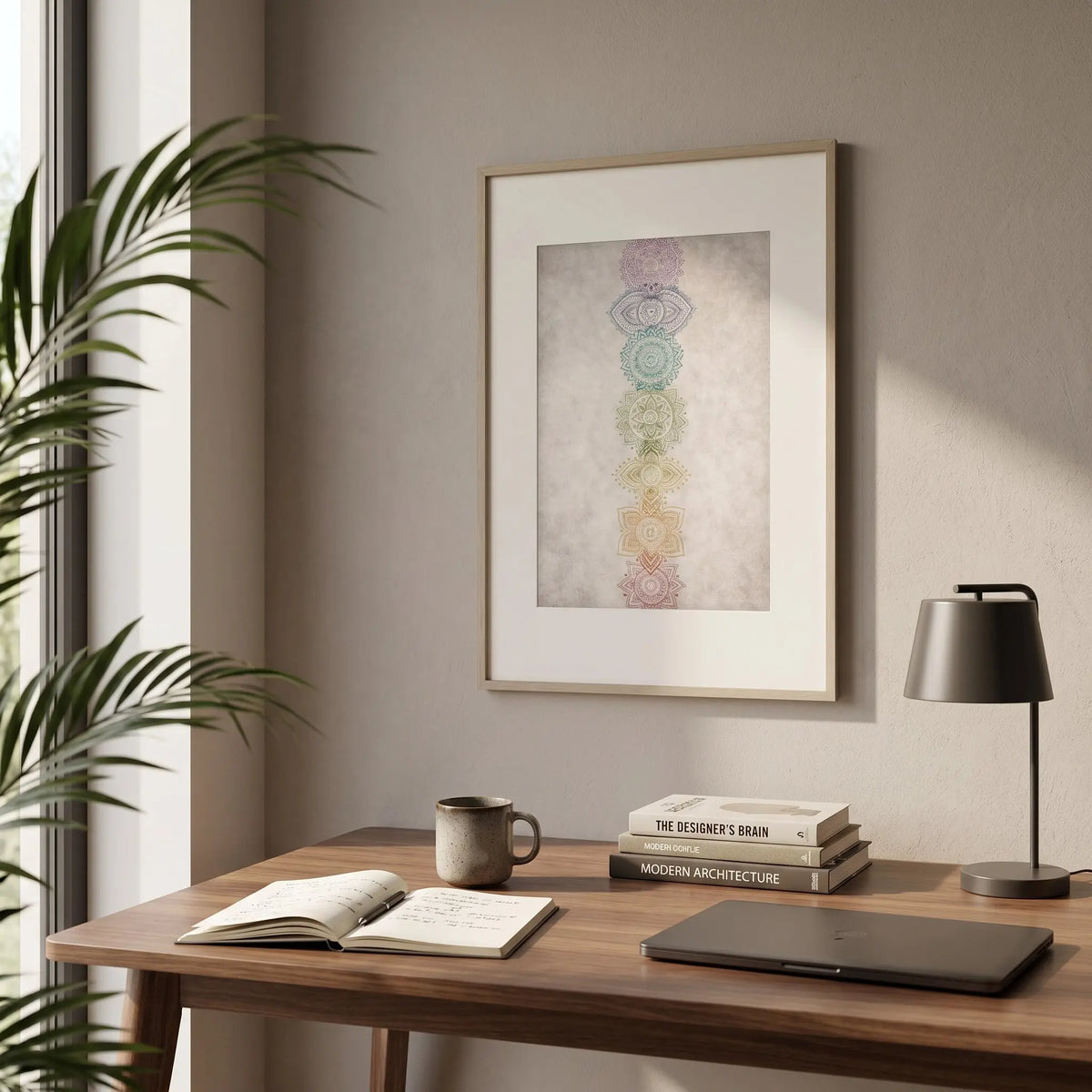 Poster Chakra σε κορνίζα πάνω από ξύλινο γραφείο με ήρεμο natural styling