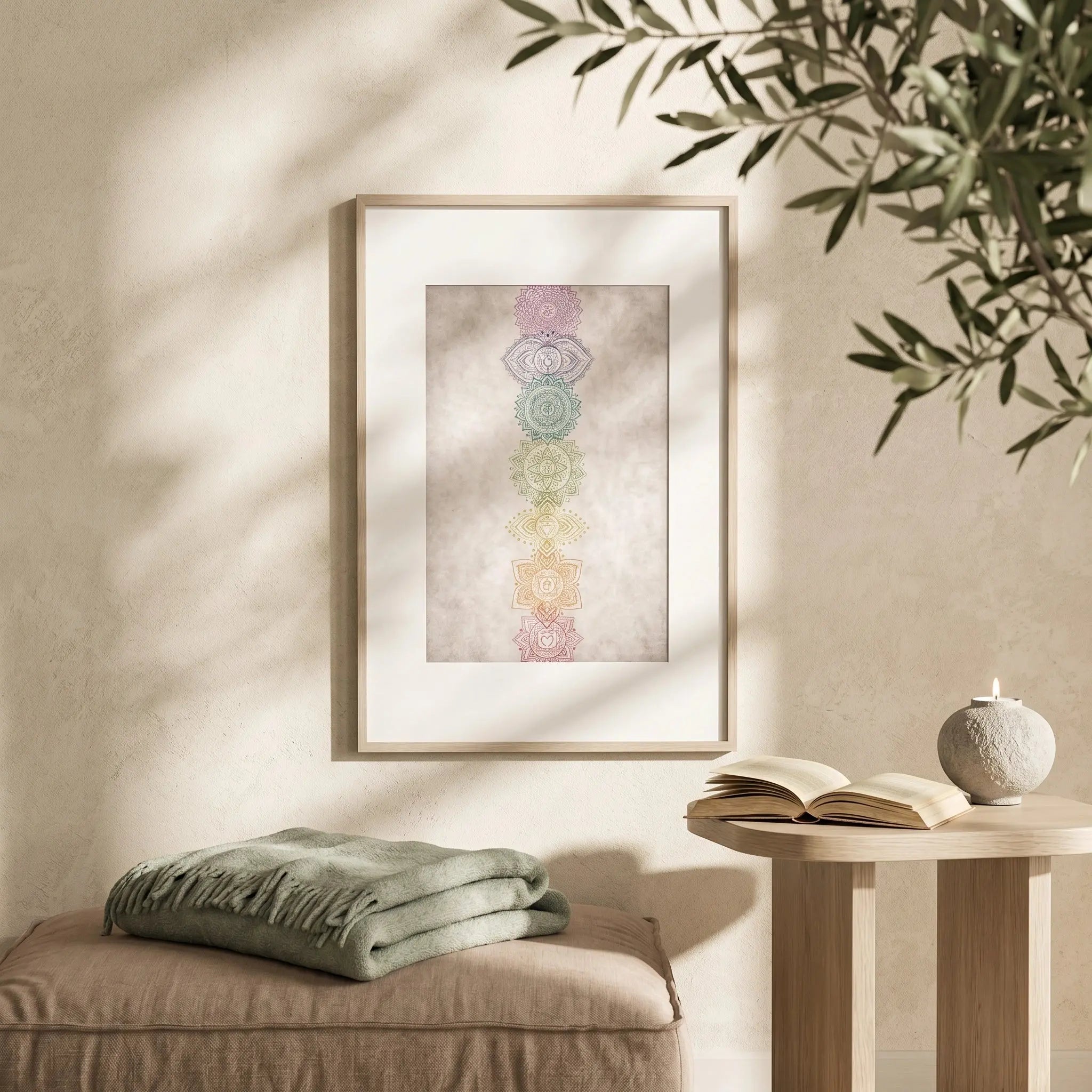 Διακοσμητικό poster Chakra σε κορνίζα σε φωτεινό χώρο με mindful διακόσμηση