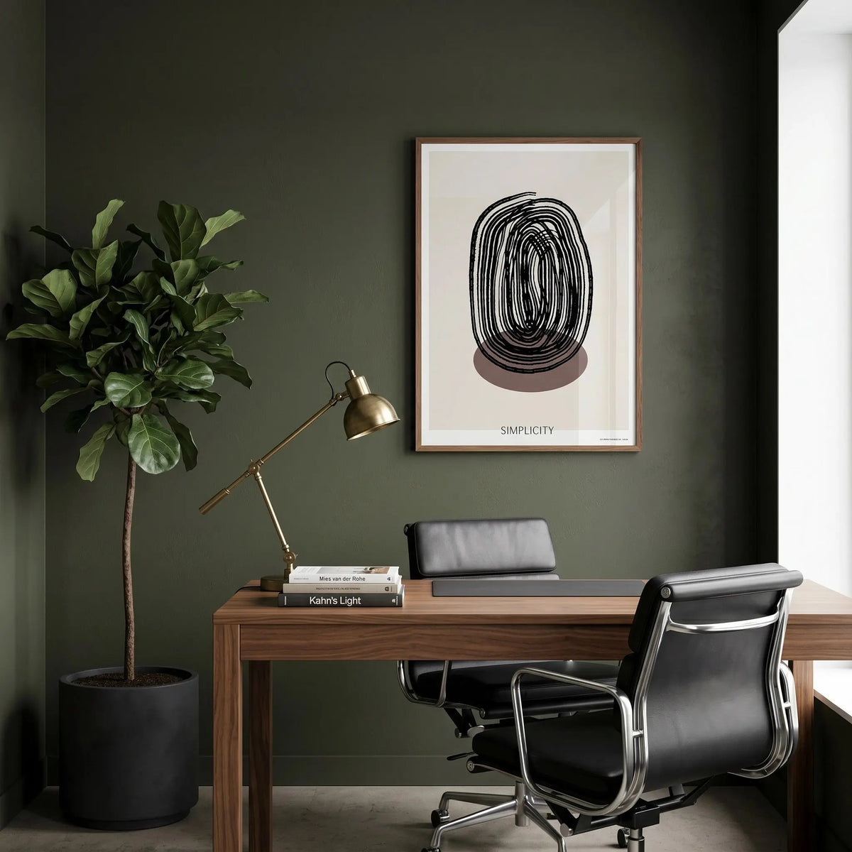 Poster Simplicity σε κορνίζα πάνω από γραφείο με μοντέρνο minimal styling