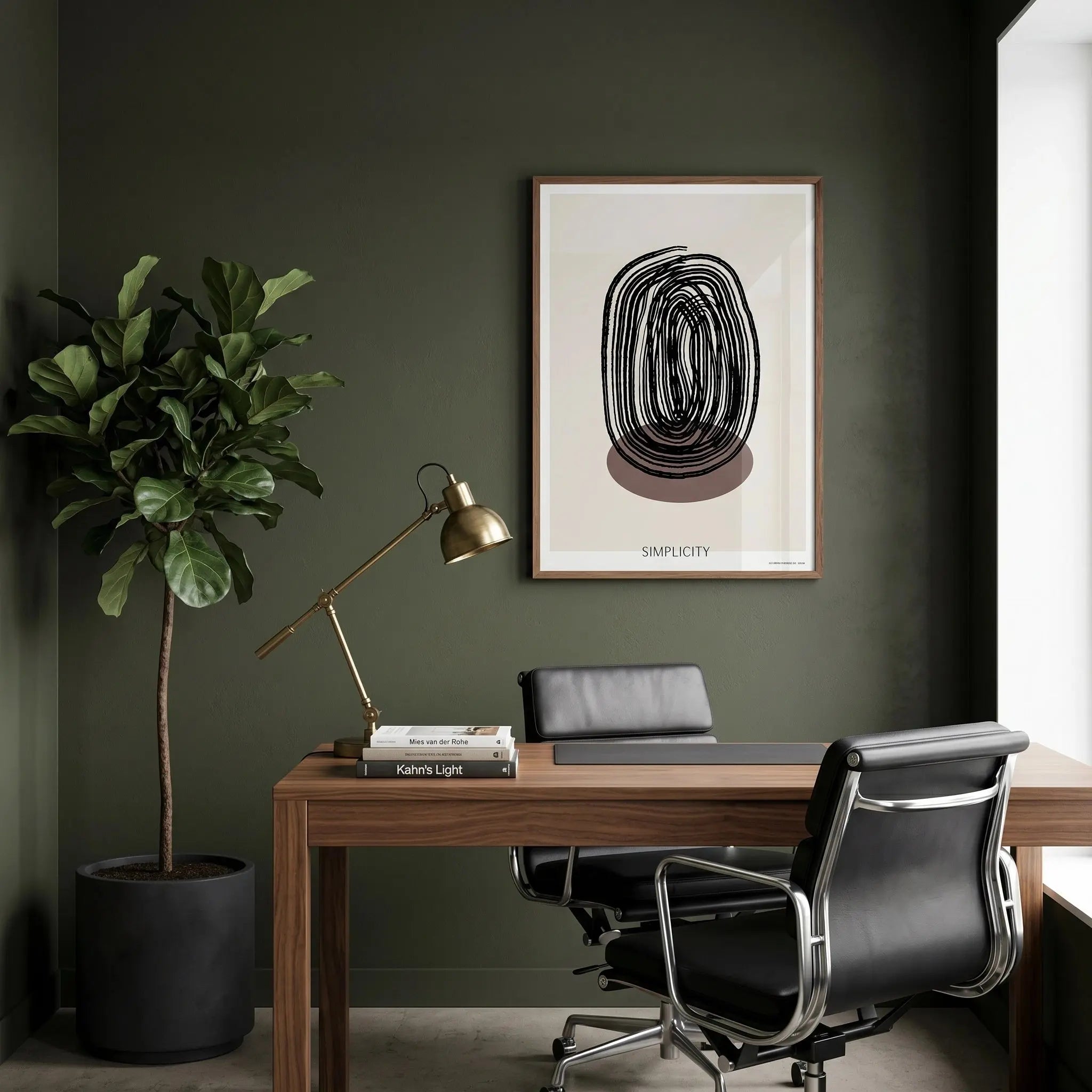 Poster Simplicity σε κορνίζα πάνω από γραφείο με μοντέρνο minimal styling