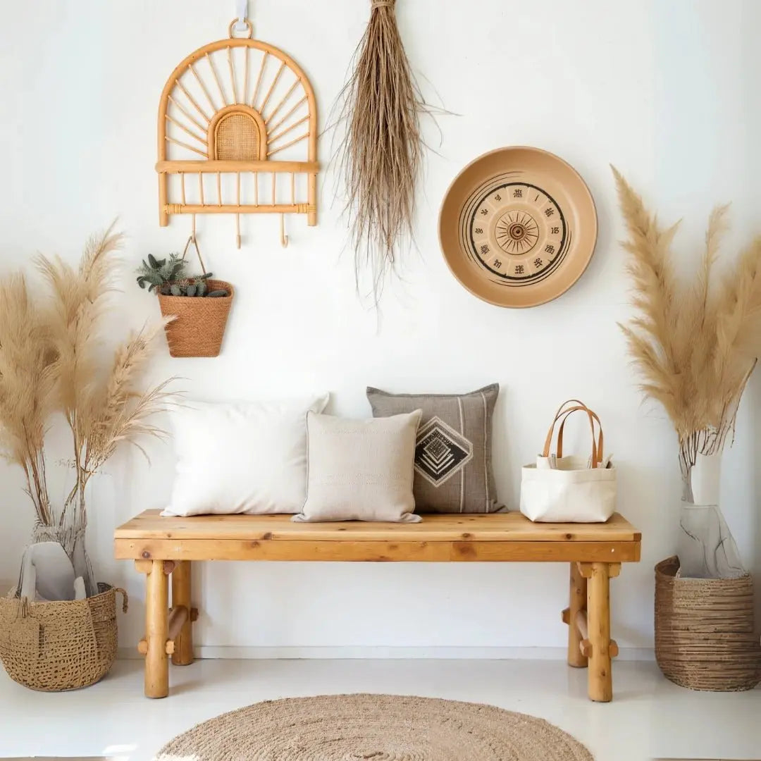 Ρατάν ράφι τοίχου Banten σε boho είσοδο, πάνω από ξύλινο παγκάκι με pampas grass