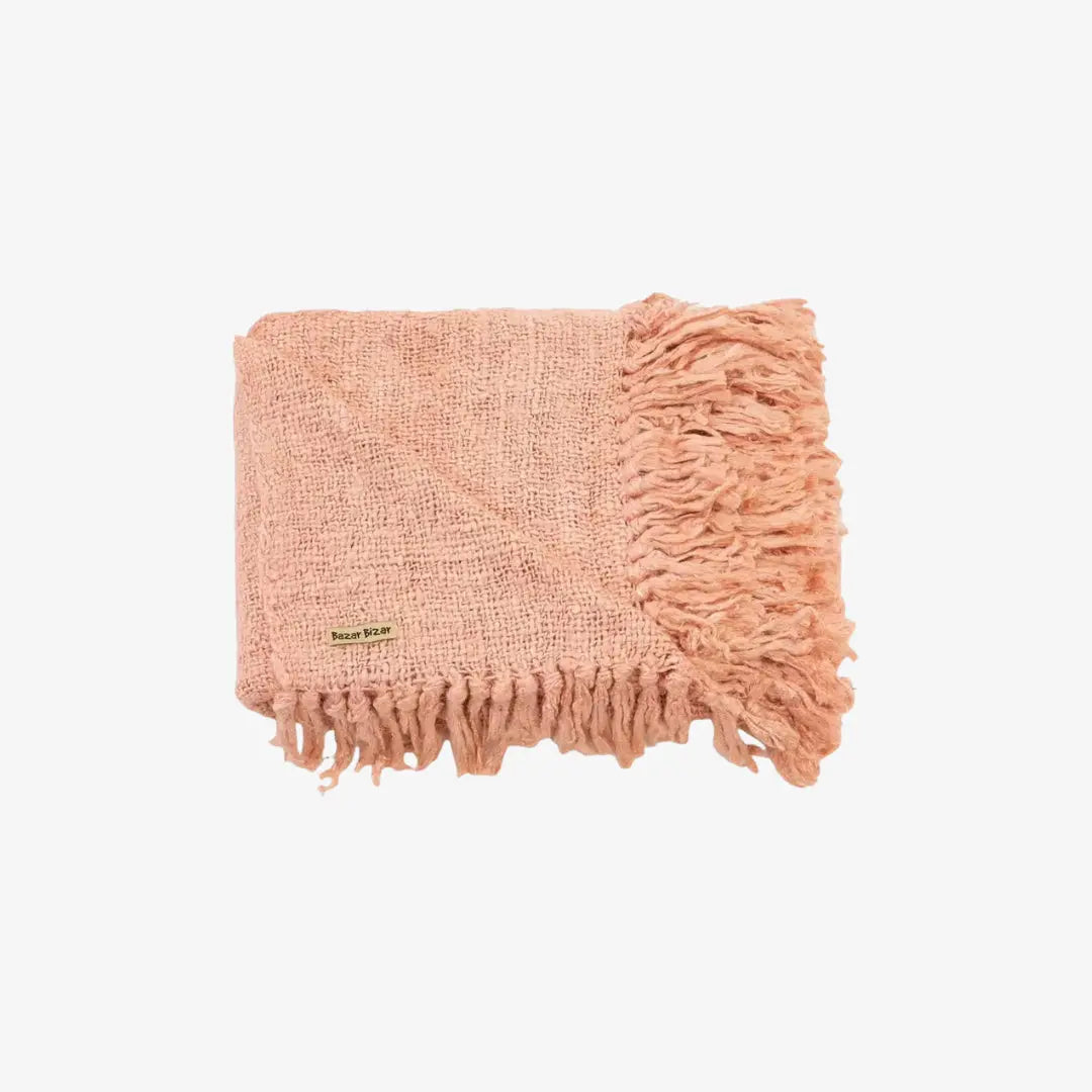 Salmon Pink χειροποίητο ριχτάρι βαμβακερό με waffle ύφανση και κρόσσια - Phos & Gaia