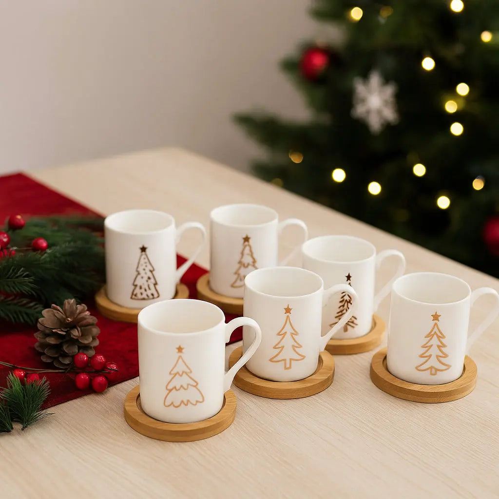 Σετ Φλιτζάνια Καφέ με Πιατάκι | Κεραμικά με Ξύλινη Βάση (6 τμχ) Phos & Gaia