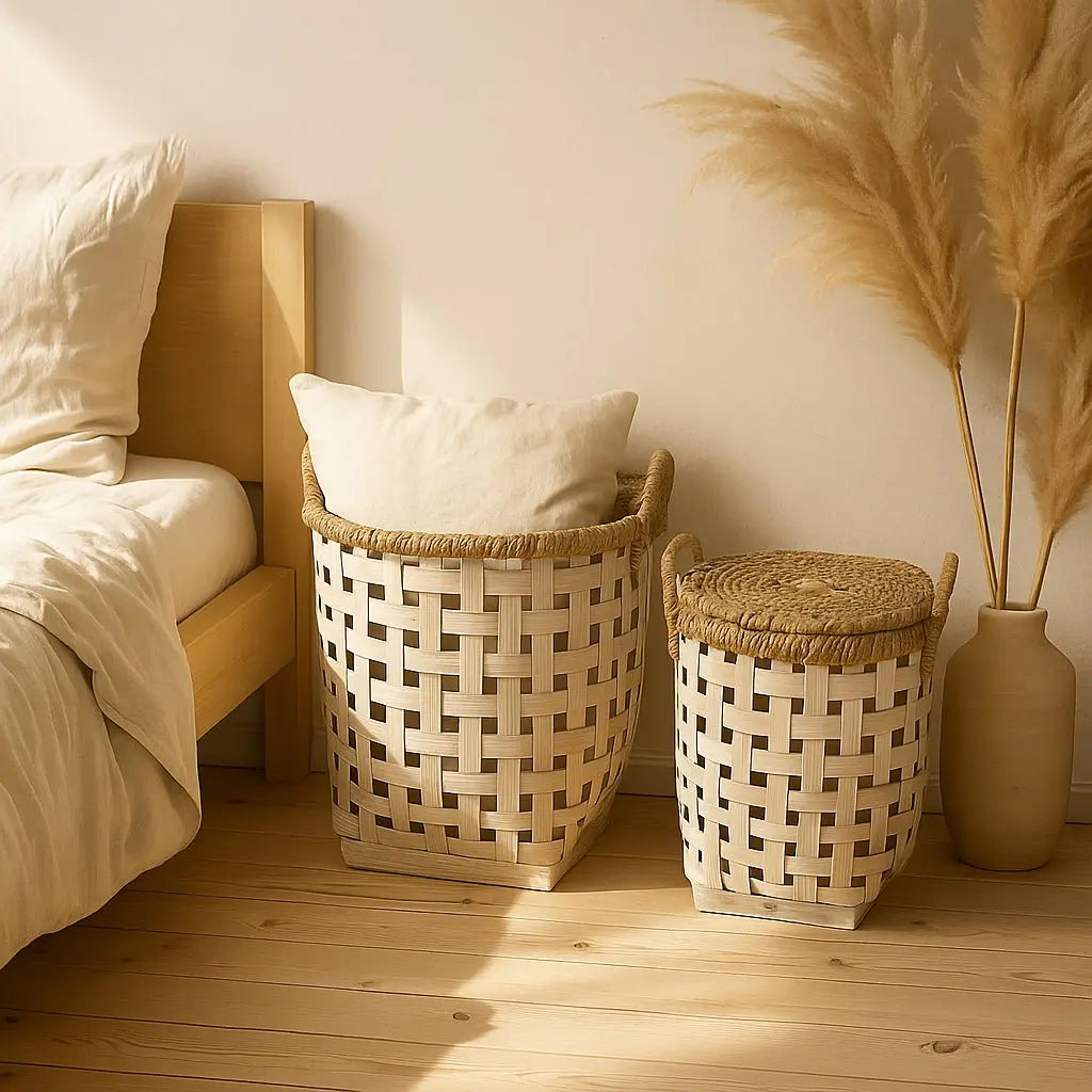 Τα δύο καλάθια Iraya σε υπνοδωμάτιο με pampas grass