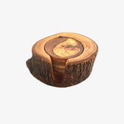 Σετ 6 χειροποίητων σουβέρ από ξύλο ελιάς με rustic βάση αποθήκευσης - Phos & Gaia
