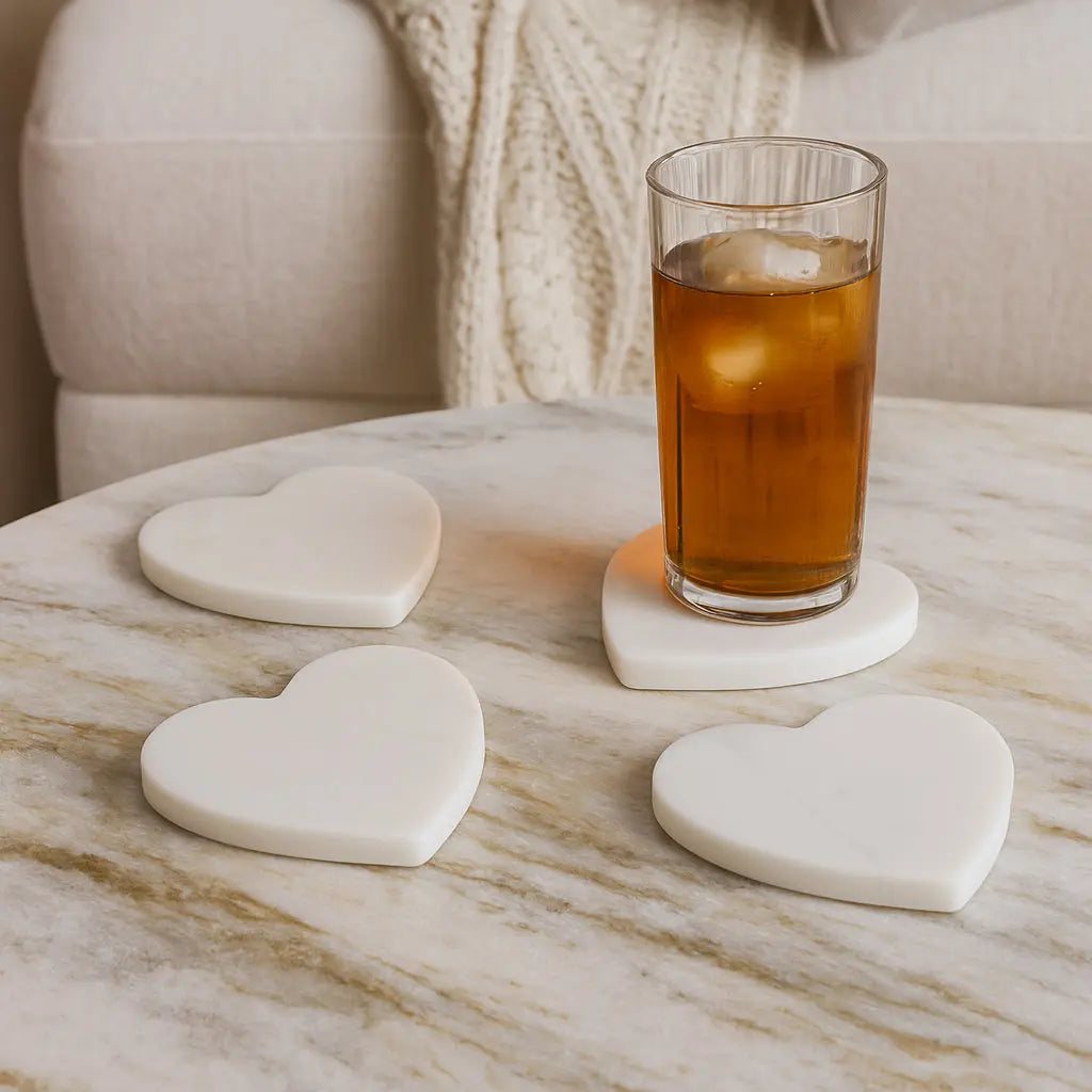 Σουβέρ Καρδιά | Χειροποίητα από Λευκό Μάρμαρο (4 τμχ) Phos & Gaia