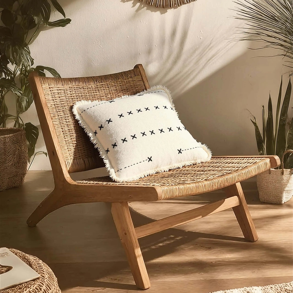 Η μαξιλαροθήκη French Kiss σε ρατάν πολυθρόνα σε boho γωνιά
