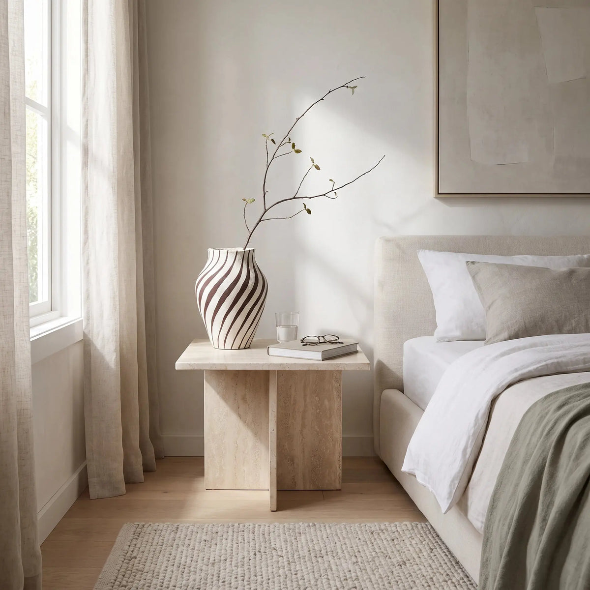 Διακοσμητικό βάζο ANGUS με κλαδί σε μοντέρνο υπνοδωμάτιο