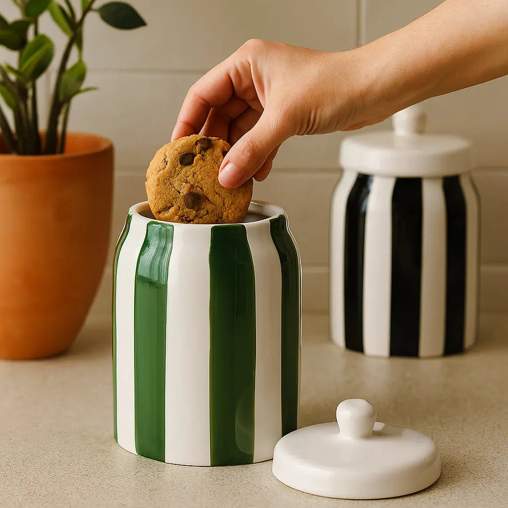 Βάζο Αποθήκευσης Striped | Κεραμικό με Καπάκι & Ριγέ Υφή Phos & Gaia