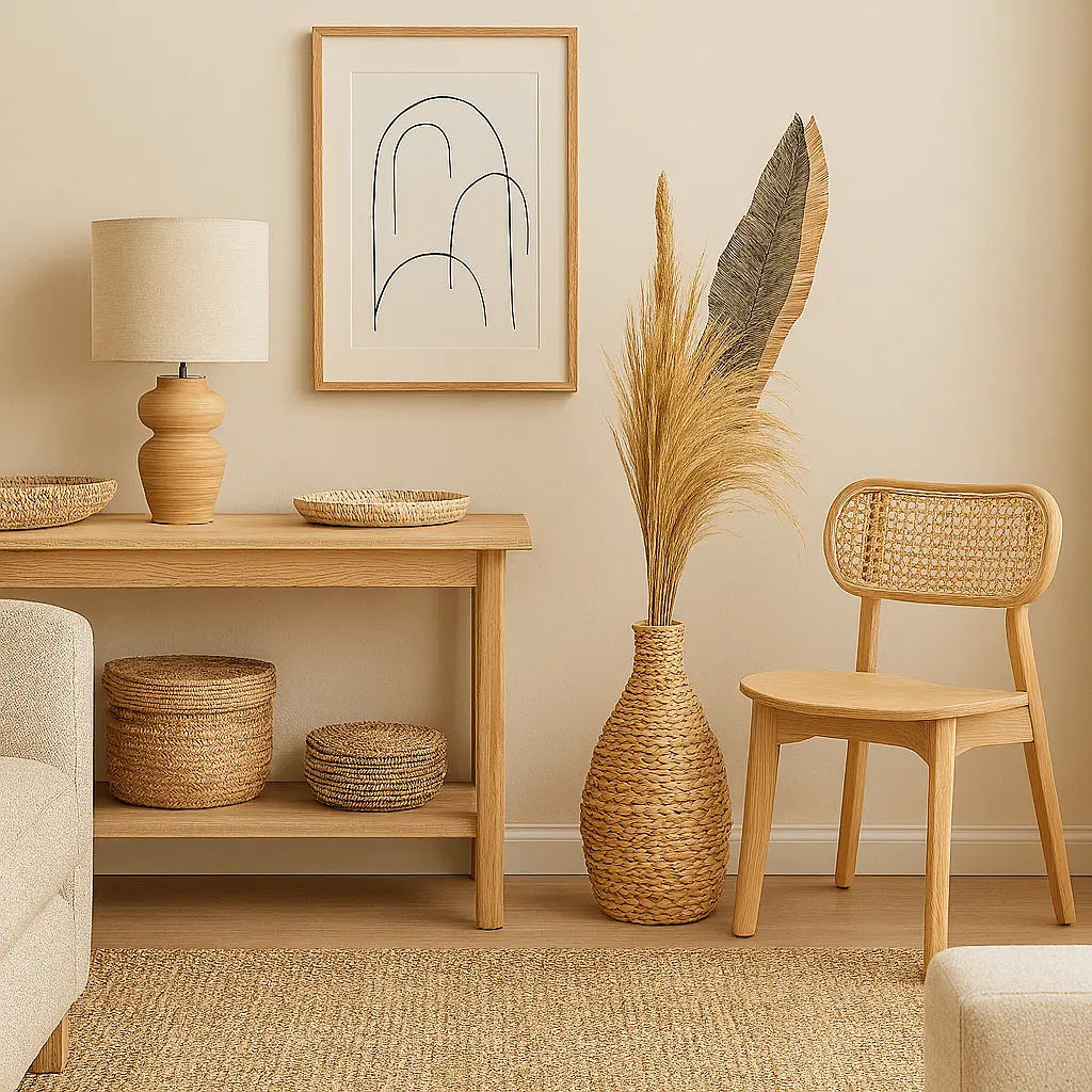 Το φυσικό μπεζ βάζο Dayana με pampas grass σε ζεστό minimal σαλόνι