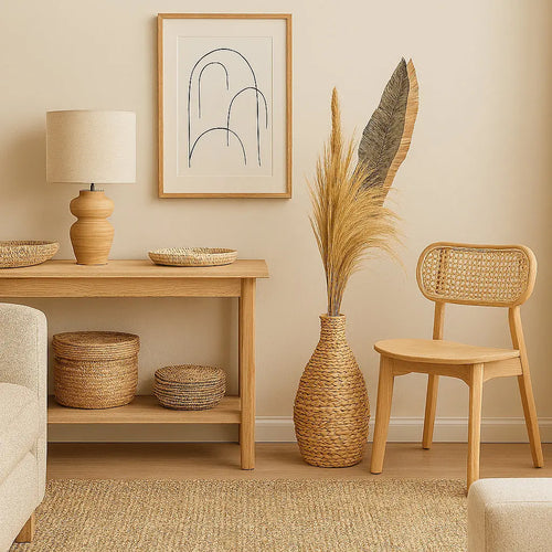 Το φυσικό μπεζ βάζο Dayana με pampas grass σε ζεστό minimal σαλόνι