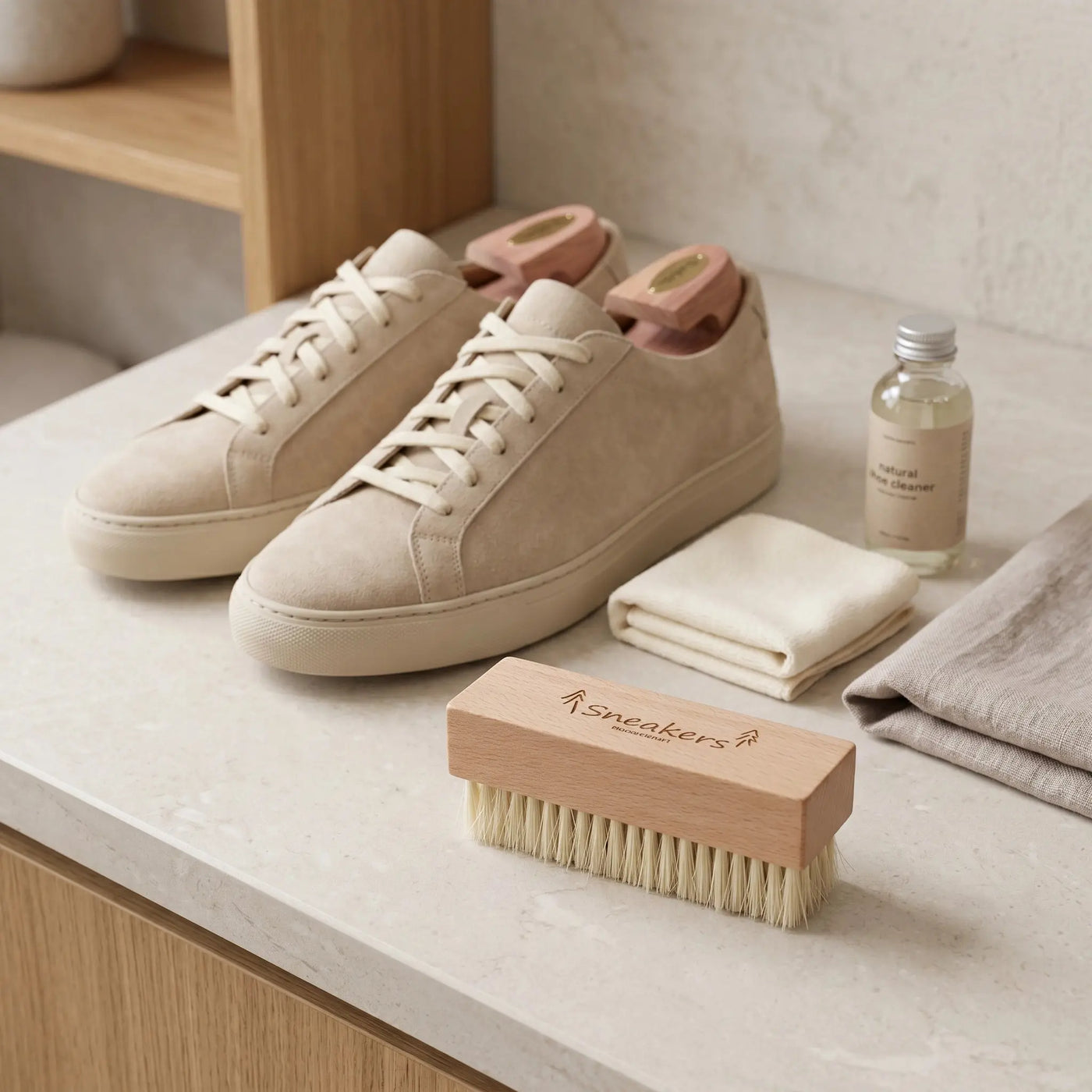 Βούρτσα για sneakers δίπλα σε μπεζ παπούτσια πάνω σε επιφάνεια