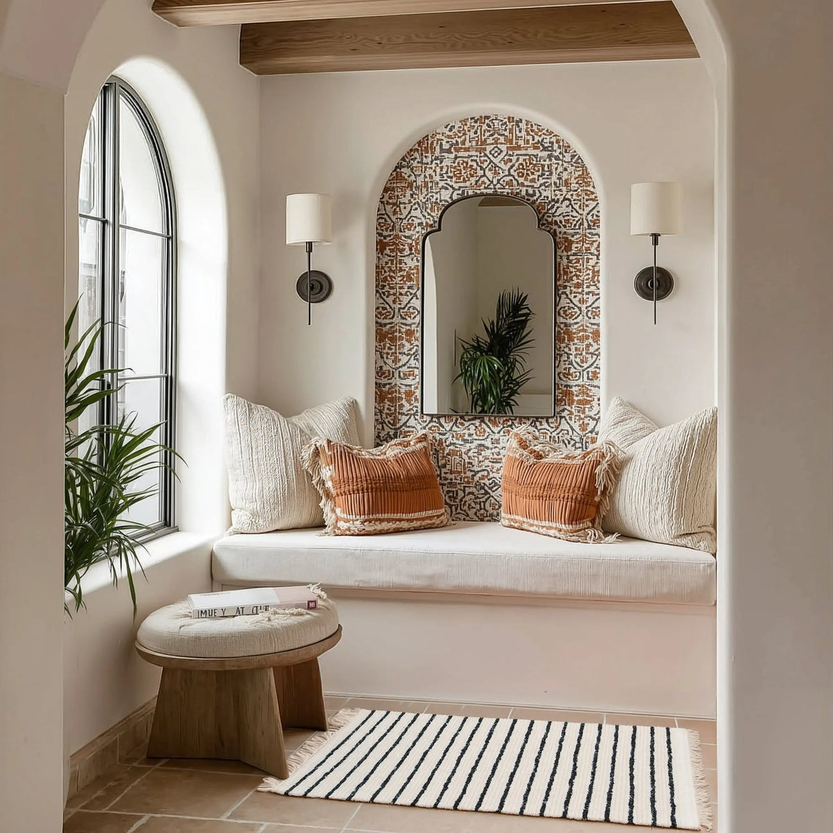 Το ριγέ χαλάκι Untuk σε boho γωνιά ανάγνωσης με παράθυρο και μαξιλάρια