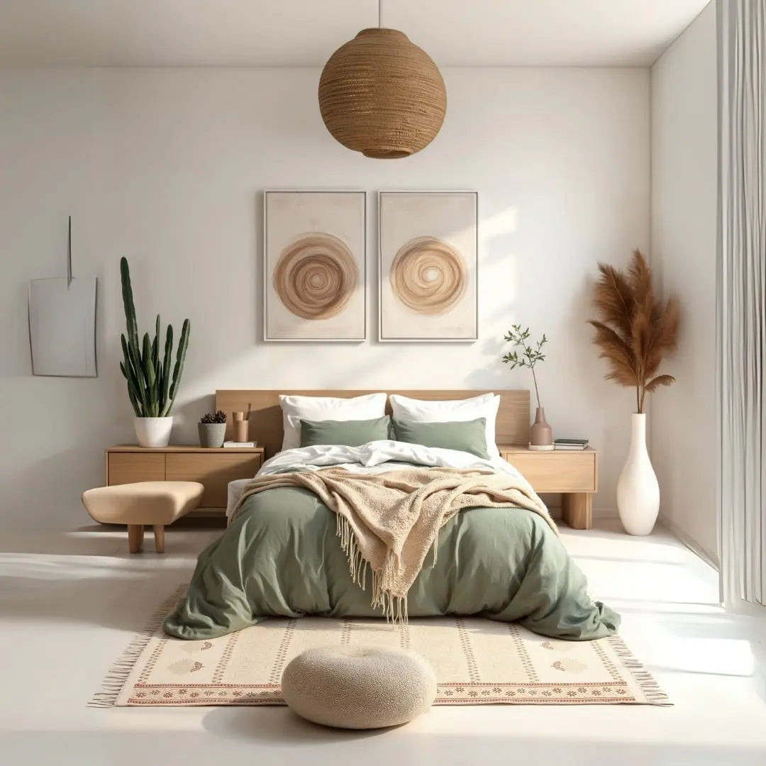 Το χαλί Lotus σε minimal υπνοδωμάτιο με πράσινα κλινοσκεπάσματα και ξύλινα έπιπλα