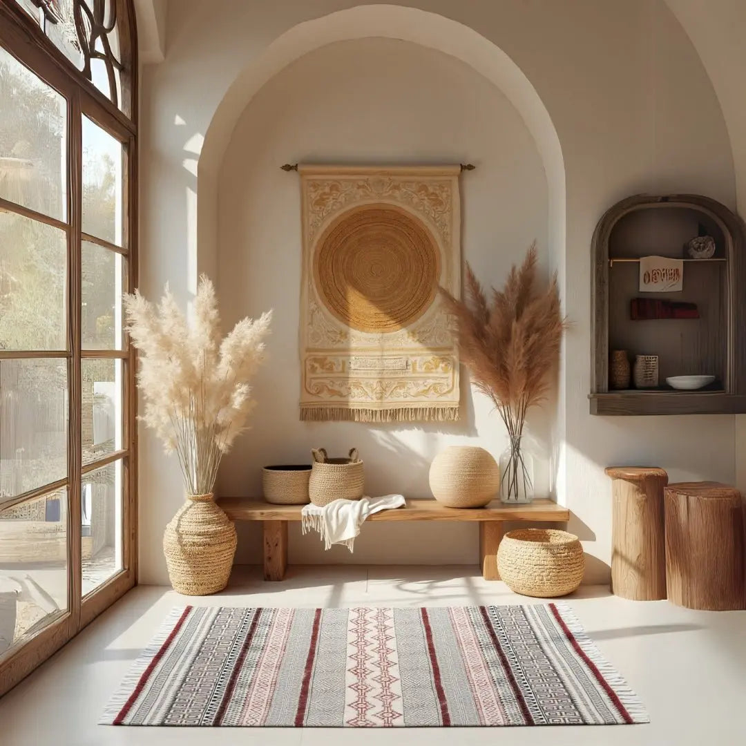 Το χαλί Rangeen σε boho είσοδο με ξύλινο παγκάκι, καλάθια και pampas grass